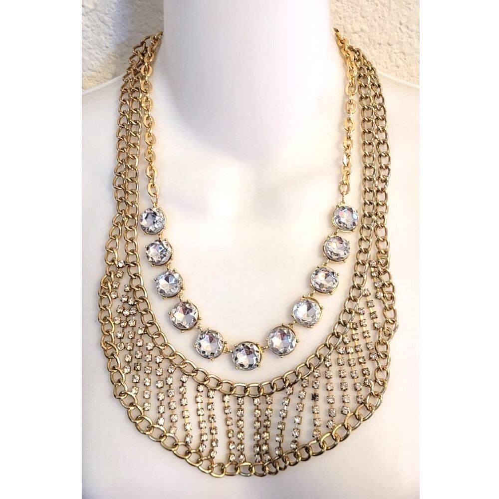 2 Pc Lot Statement Bib Necklaces Goldtone Chain Rhinestones Bib 26" 22" Regency